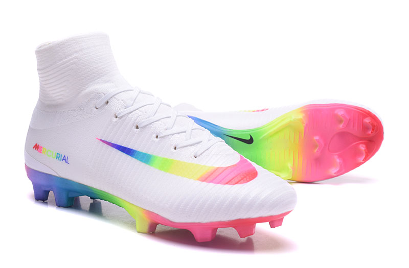 white and rainbow nike soccer cleats
